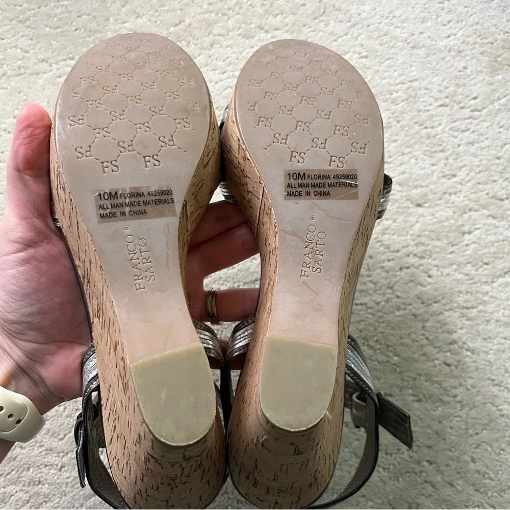 Franco Sarto Florina Cork Wedge Platform Sandals Silver Metallic Strappy 10M 🏷️